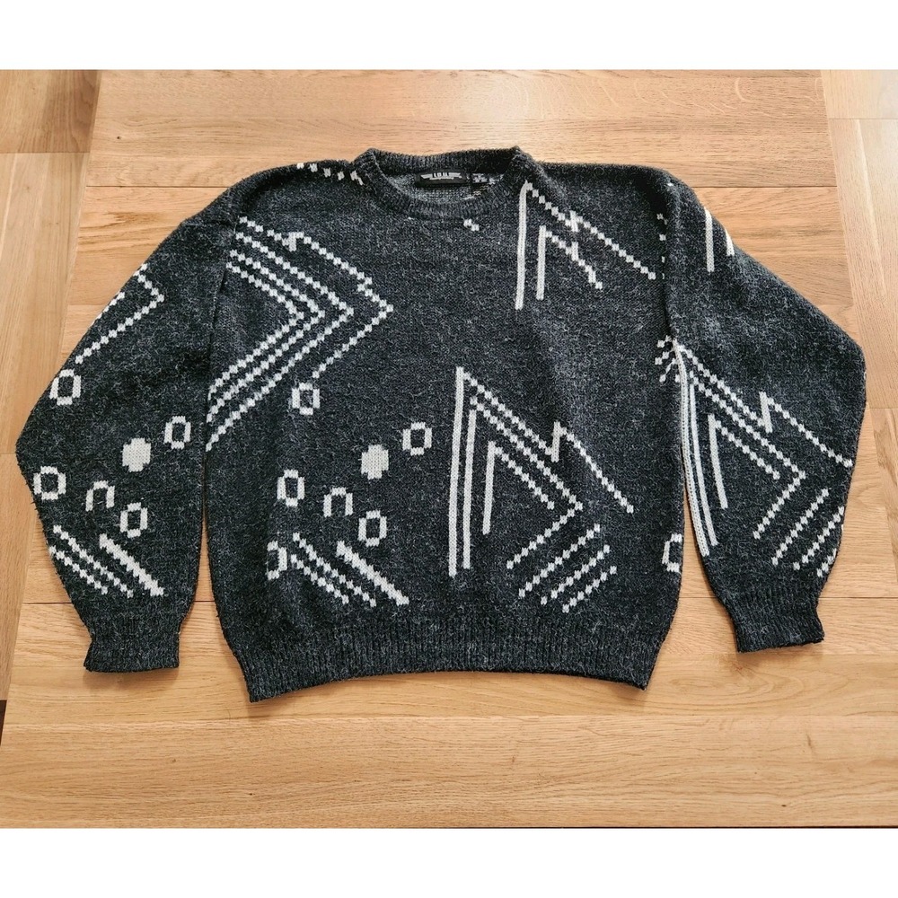 Vtg IOU Sweater Sz Med Gray Geometric Abstract Pullover 90s Acrylic‎ Nylon